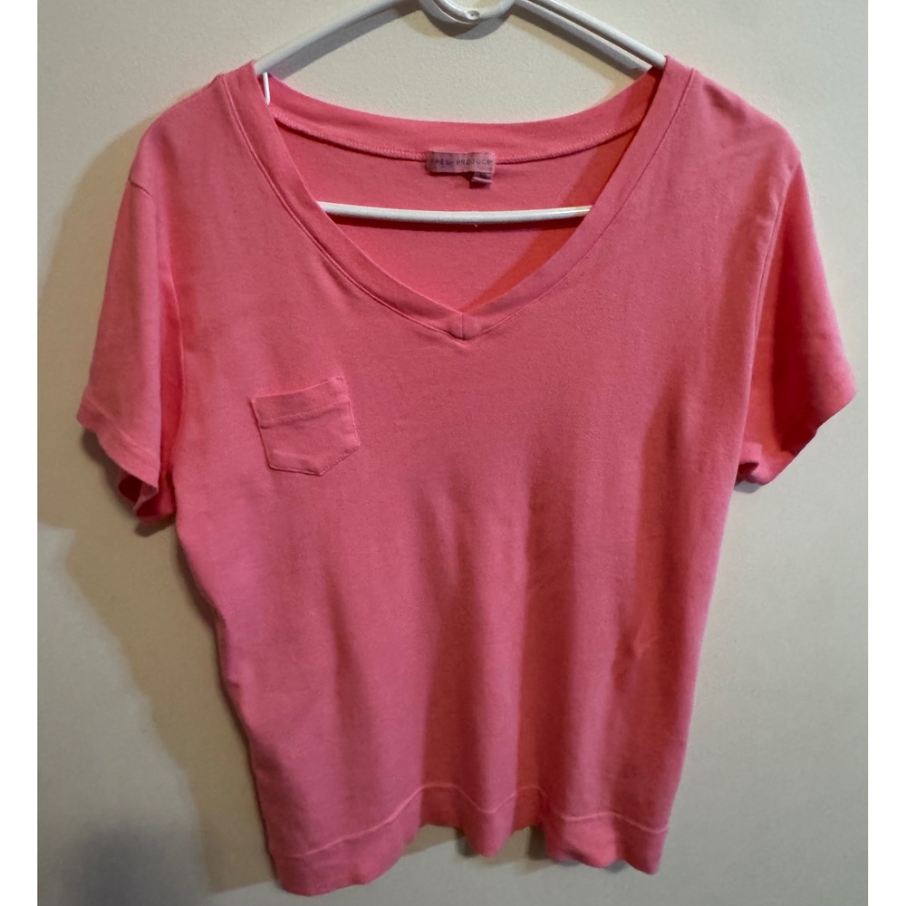 Fresh Produce Womens Pink V-Neck Short Sleeve Pocket T-Shirt Cotton USA Made XS